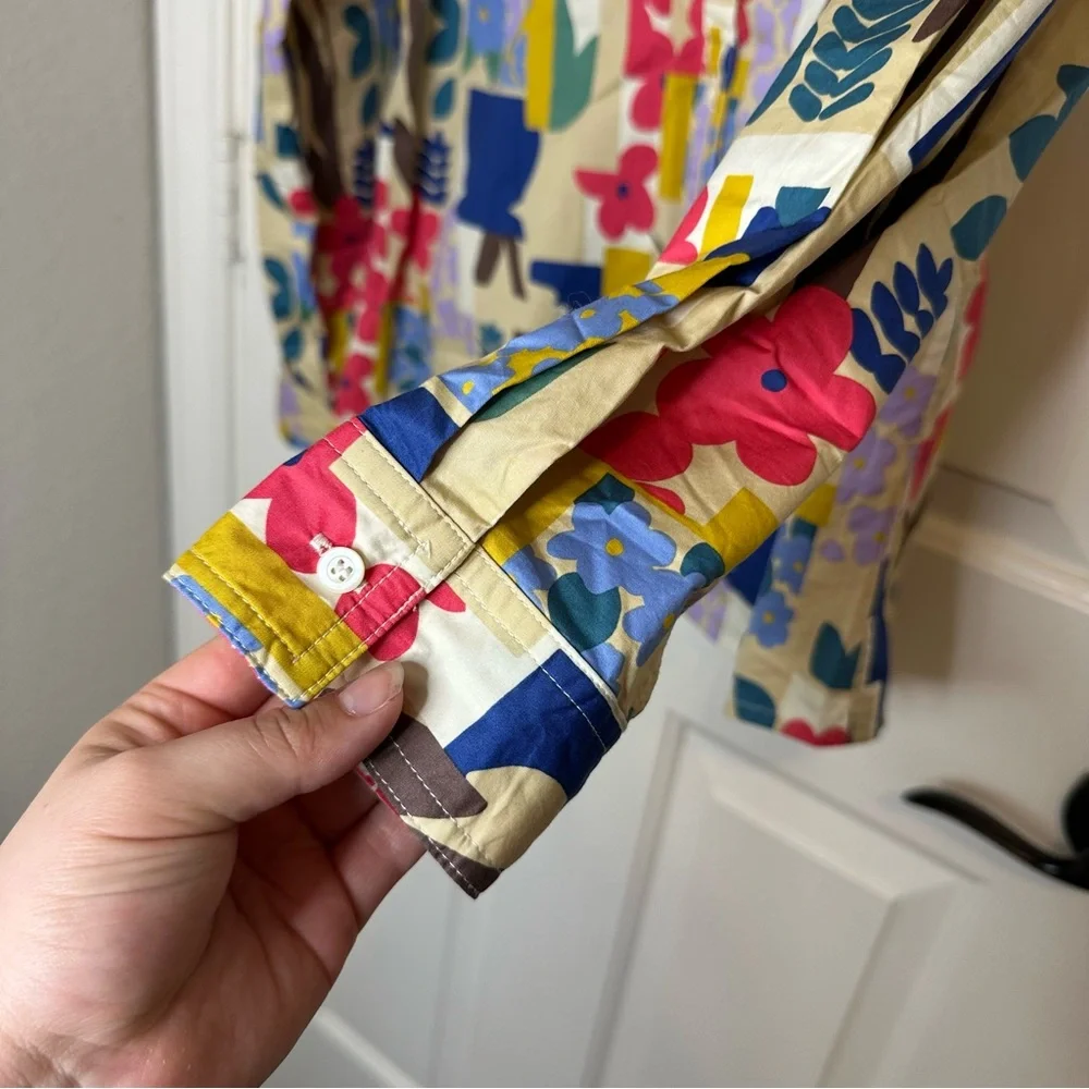 J.Mclaughlin Creme Multicolor Floral Mixed Media Button Down Blouse L Boho Chic - Picture 8 of 12